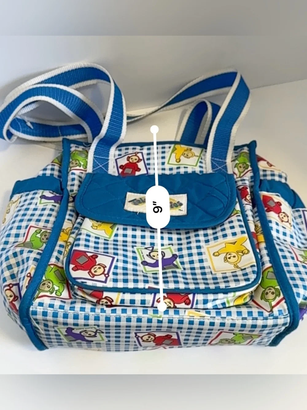 vintage 1990s Ragdoll Teletubbies blue and white gingham diaper bag